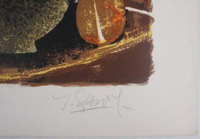 Yves GANNE : Le pichet jaune et le melon, Lithographie originale signée
