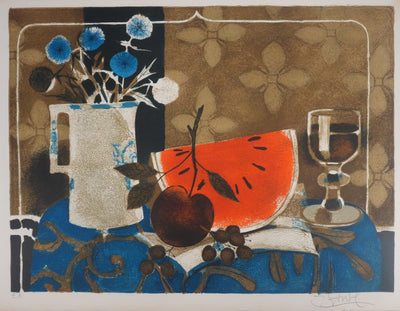 Yves GANNE : Le pichet blanc et la pastèque, Lithographie originale signée