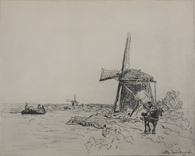Johan-Barthold JONKIND : Les moulins au bord du fleuve, Héliotypie signée