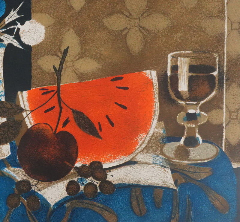 Yves GANNE : Le pichet blanc et la pastèque, Lithographie originale signée