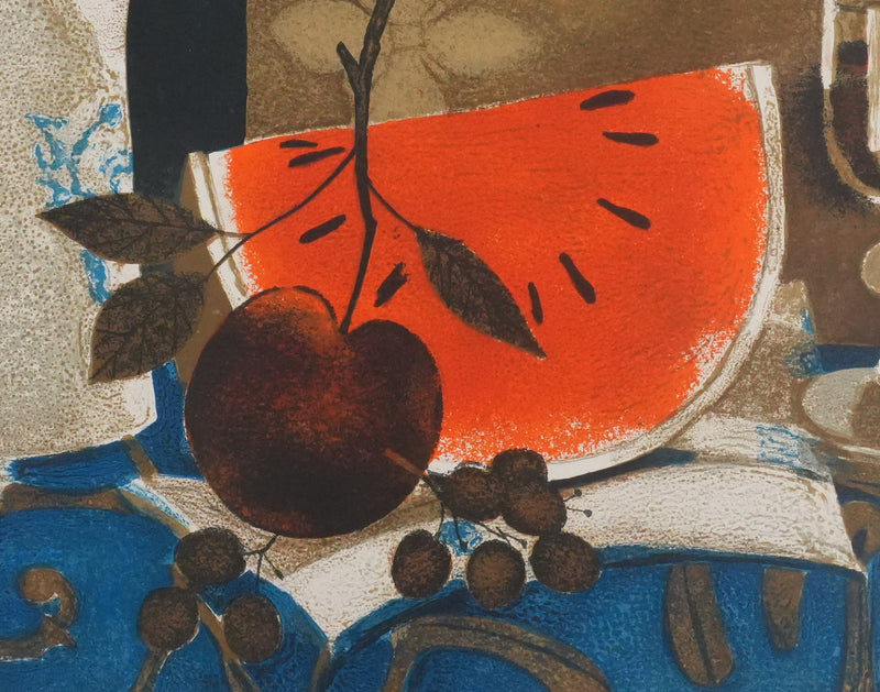 Yves GANNE : Le pichet blanc et la pastèque, Lithographie originale signée