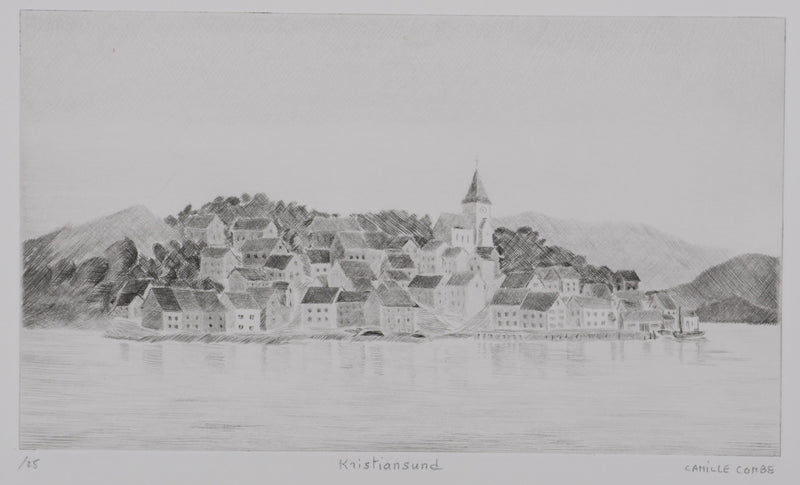 Camille COMBE :  Kristiansund, Gravure originale signée