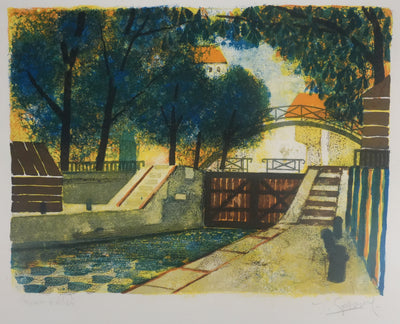 Yves GANNE : L'écluse du canal Saint-Martin, Lithographie originale signée