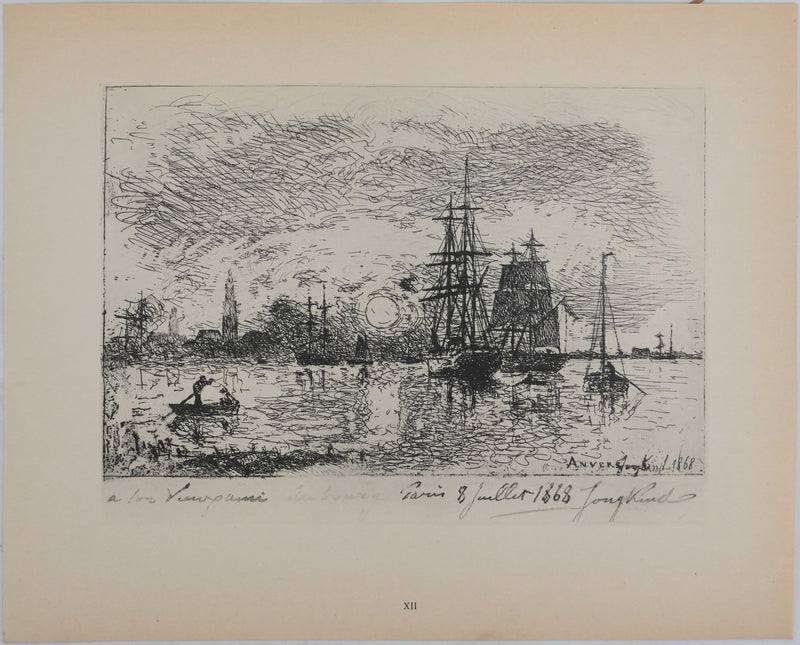 Johan-Barthold JONKIND : Coucher de soleil à Anvers, Héliotypie signée