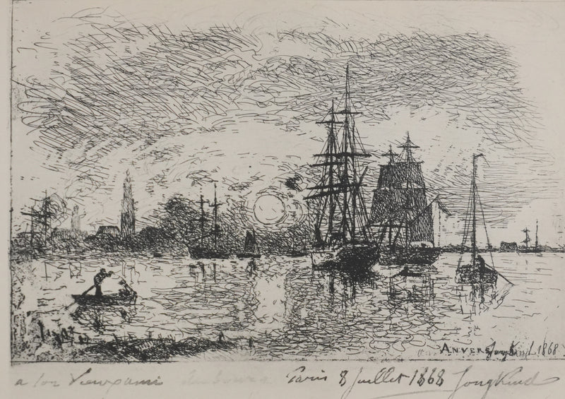 Johan-Barthold JONKIND : Coucher de soleil à Anvers, Héliotypie signée