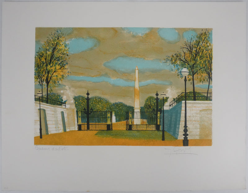 Yves GANNE : Obélisque dans le parc, Lithographie originale signée