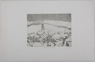 Camille COMBE : Porrentruy sous la neige, Gravure originale signée