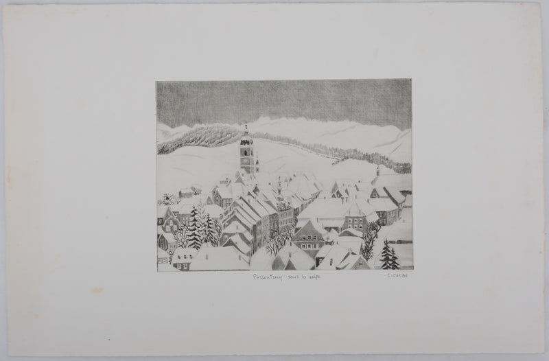 Camille COMBE : Porrentruy sous la neige, Gravure originale signée