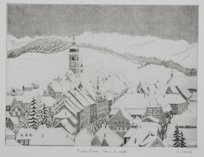 Camille COMBE : Porrentruy sous la neige, Gravure originale signée
