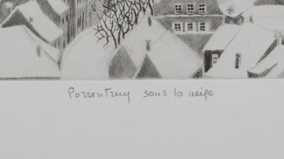 Camille COMBE : Porrentruy sous la neige, Gravure originale signée