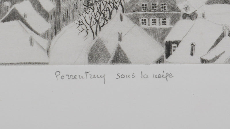 Camille COMBE : Porrentruy sous la neige, Gravure originale signée