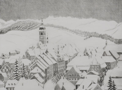 Camille COMBE : Porrentruy sous la neige, Gravure originale signée