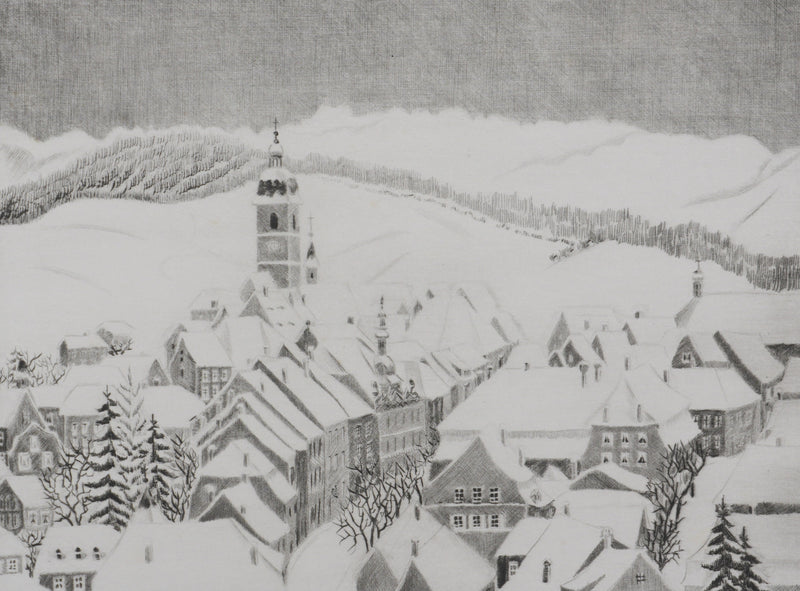 Camille COMBE : Porrentruy sous la neige, Gravure originale signée