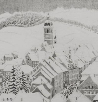 Camille COMBE : Porrentruy sous la neige, Gravure originale signée