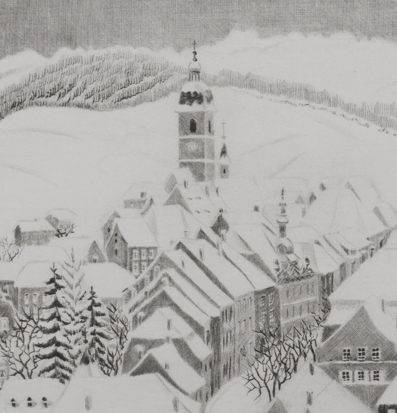 Camille COMBE : Porrentruy sous la neige, Gravure originale signée