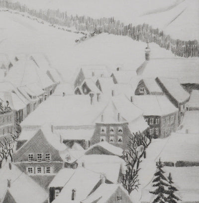 Camille COMBE : Porrentruy sous la neige, Gravure originale signée