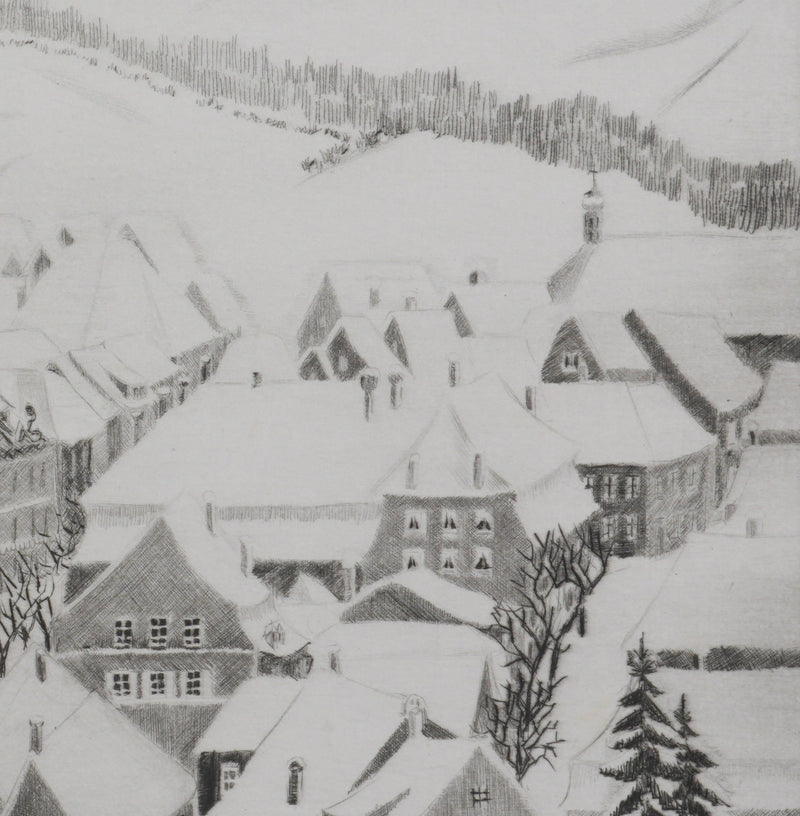 Camille COMBE : Porrentruy sous la neige, Gravure originale signée