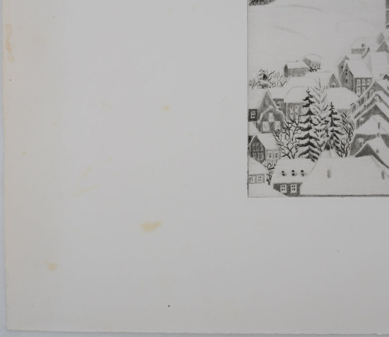Camille COMBE : Porrentruy sous la neige, Gravure originale signée