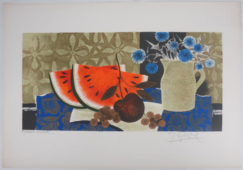 Yves GANNE : Les pastèques et les fleurs bleues, Lithographie originale signée