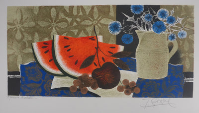 Yves GANNE : Les pastèques et les fleurs bleues, Lithographie originale signée