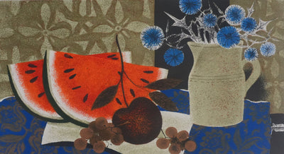 Yves GANNE : Les pastèques et les fleurs bleues, Lithographie originale signée