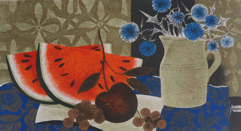 Yves GANNE : Les pastèques et les fleurs bleues, Lithographie originale signée