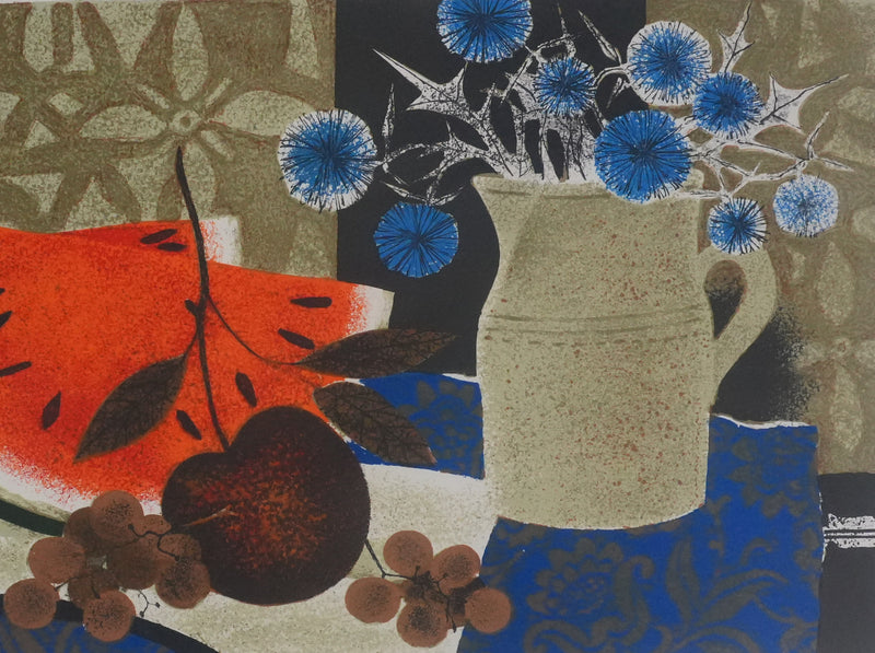 Yves GANNE : Les pastèques et les fleurs bleues, Lithographie originale signée