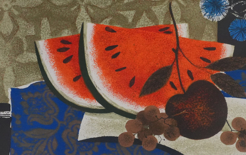 Yves GANNE : Les pastèques et les fleurs bleues, Lithographie originale signée