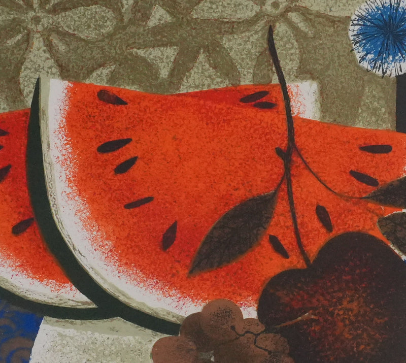 Yves GANNE : Les pastèques et les fleurs bleues, Lithographie originale signée