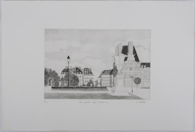 Camille COMBE : Au jardin des Tuileries, Gravure originale signée