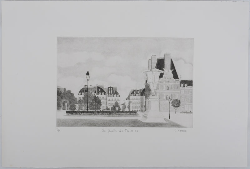 Camille COMBE : Au jardin des Tuileries, Gravure originale signée
