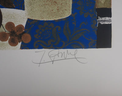 Yves GANNE : Les pastèques et les fleurs bleues, Lithographie originale signée