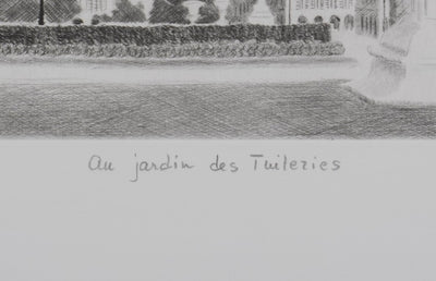 Camille COMBE : Au jardin des Tuileries, Gravure originale signée