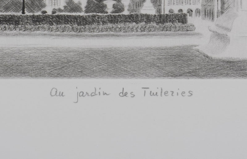 Camille COMBE : Au jardin des Tuileries, Gravure originale signée