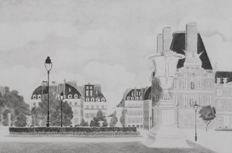 Camille COMBE : Au jardin des Tuileries, Gravure originale signée