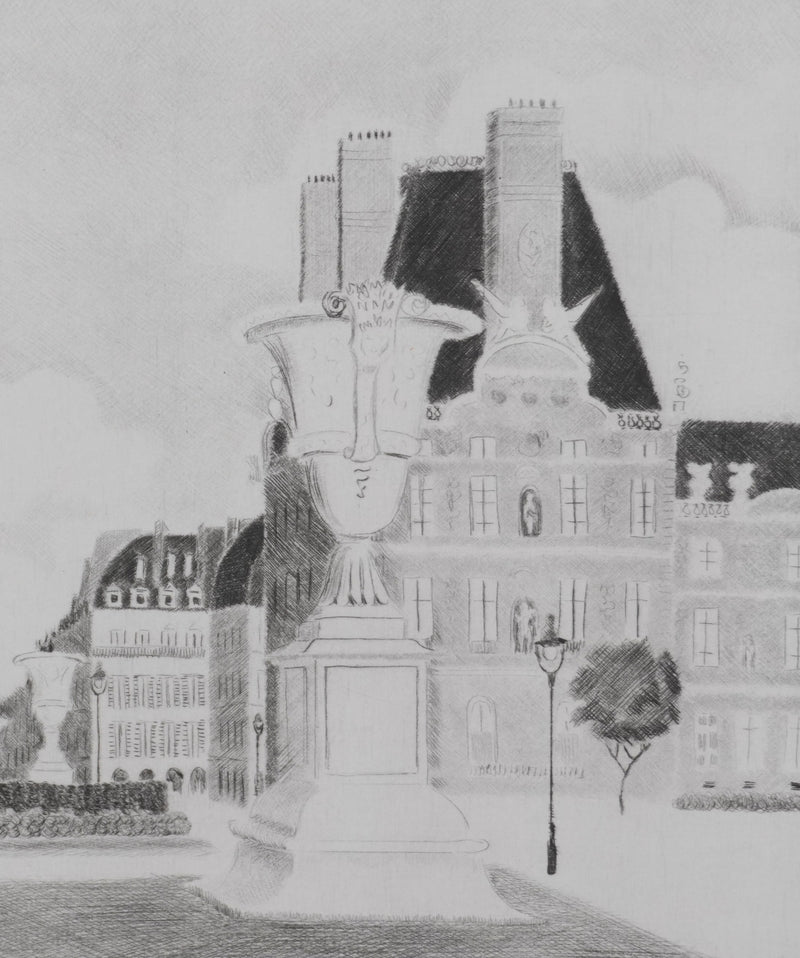 Camille COMBE : Au jardin des Tuileries, Gravure originale signée