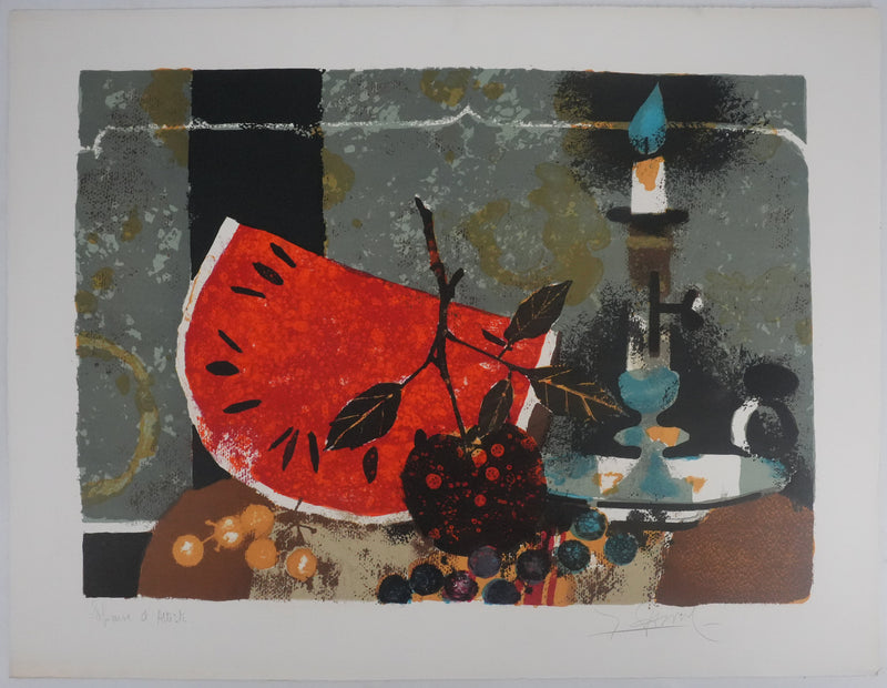 Yves GANNE : La pastèque et la bougie, Lithographie originale signée