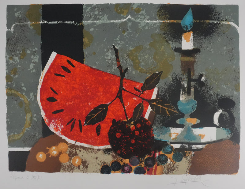 Yves GANNE : La pastèque et la bougie, Lithographie originale signée