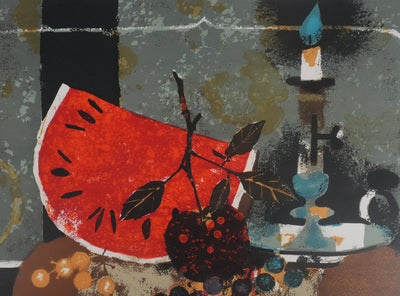 Yves GANNE : La pastèque et la bougie, Lithographie originale signée