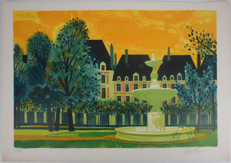 Yves GANNE : La fontaine du parc, Lithographie originale signée