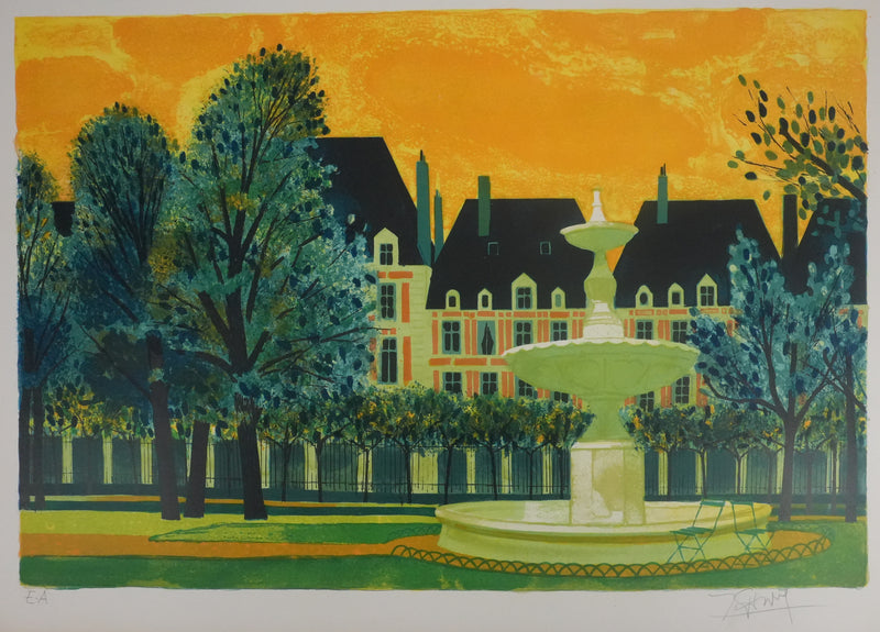 Yves GANNE : La fontaine du parc, Lithographie originale signée