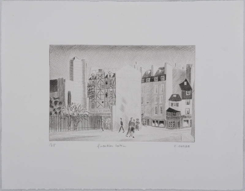 Camille COMBE : Quartier latin, Gravure originale signée