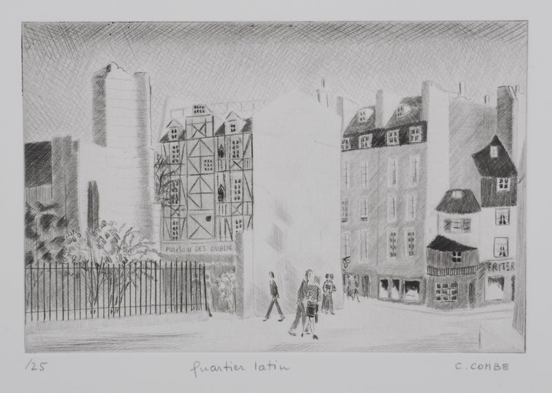 Camille COMBE : Quartier latin, Gravure originale signée
