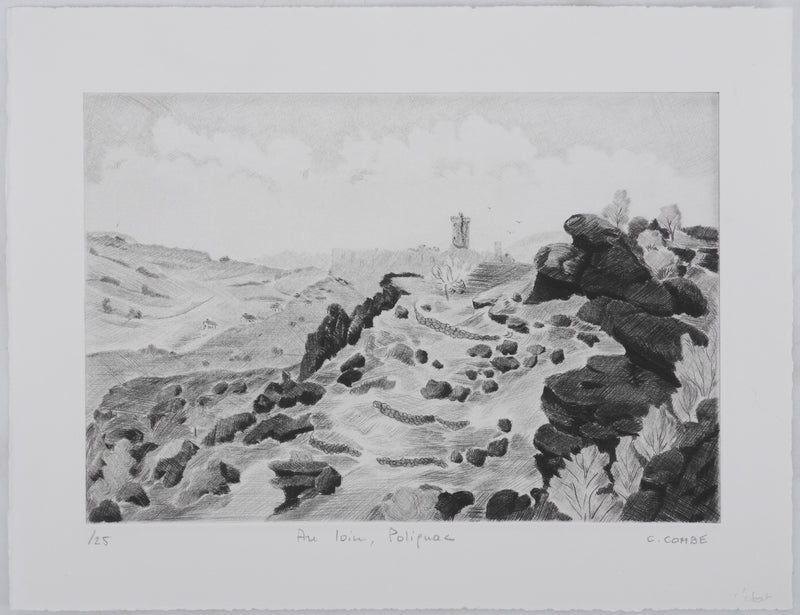 Camille COMBE : Au loin, Polignac, Gravure originale signée