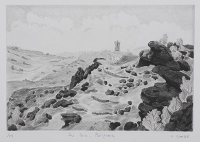 Camille COMBE : Au loin, Polignac, Gravure originale signée