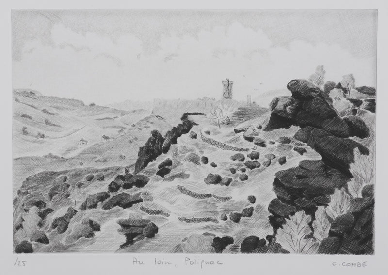 Camille COMBE : Au loin, Polignac, Gravure originale signée