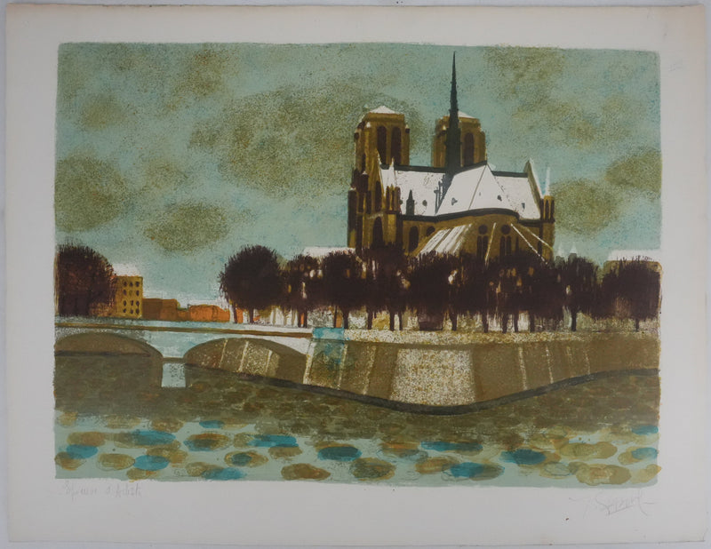 Yves GANNE : La flèche de Notre-Dame de Paris, Lithographie originale signée