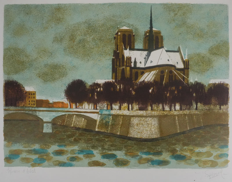 Yves GANNE : La flèche de Notre-Dame de Paris, Lithographie originale signée