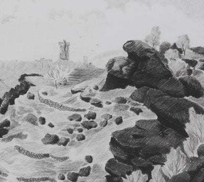 Camille COMBE : Au loin, Polignac, Gravure originale signée