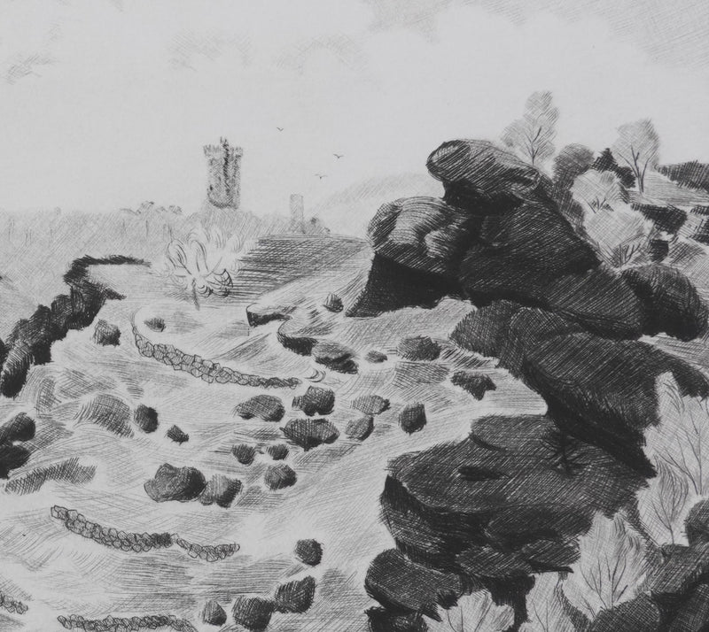 Camille COMBE : Au loin, Polignac, Gravure originale signée